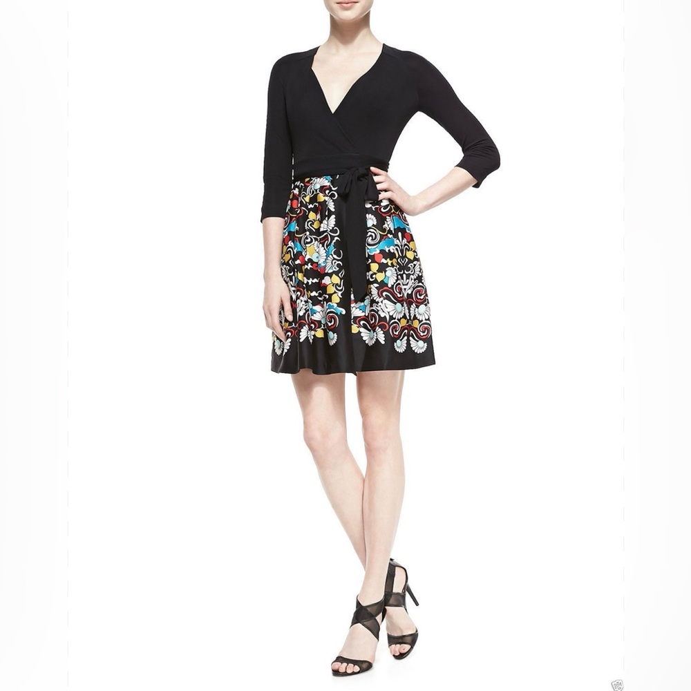 Diane Von Furstenberg Jewel Silk/Wool Combo Wrap Dress with Printed Skirt